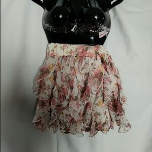 Vanity Floral Tiered Chiffon Skater Skirt - Cream with Pink Floral